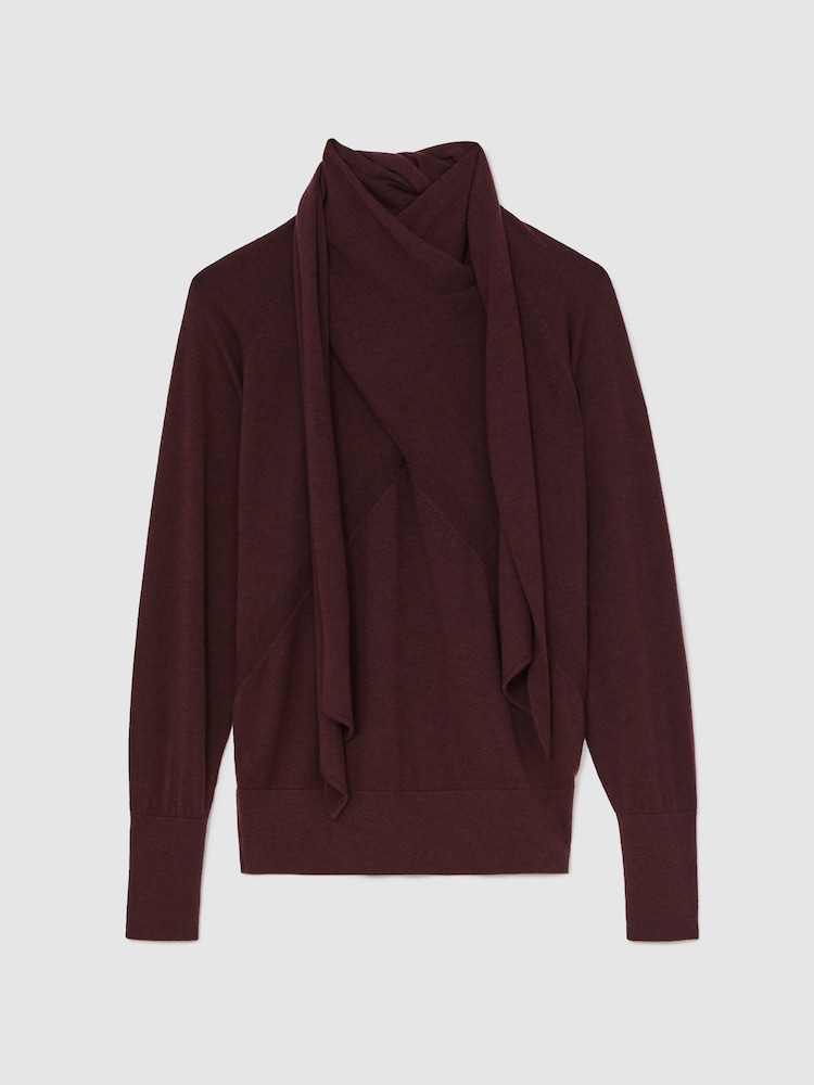 Reiss Burgundy Alexis Wool Scarf-Tie Draped Jumper - Image 2 of 5