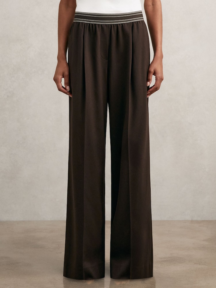 Reiss Chocolate Brown Camelia Petite Wide-Leg Contrast-Waistband Trousers - Image 1 of 7
