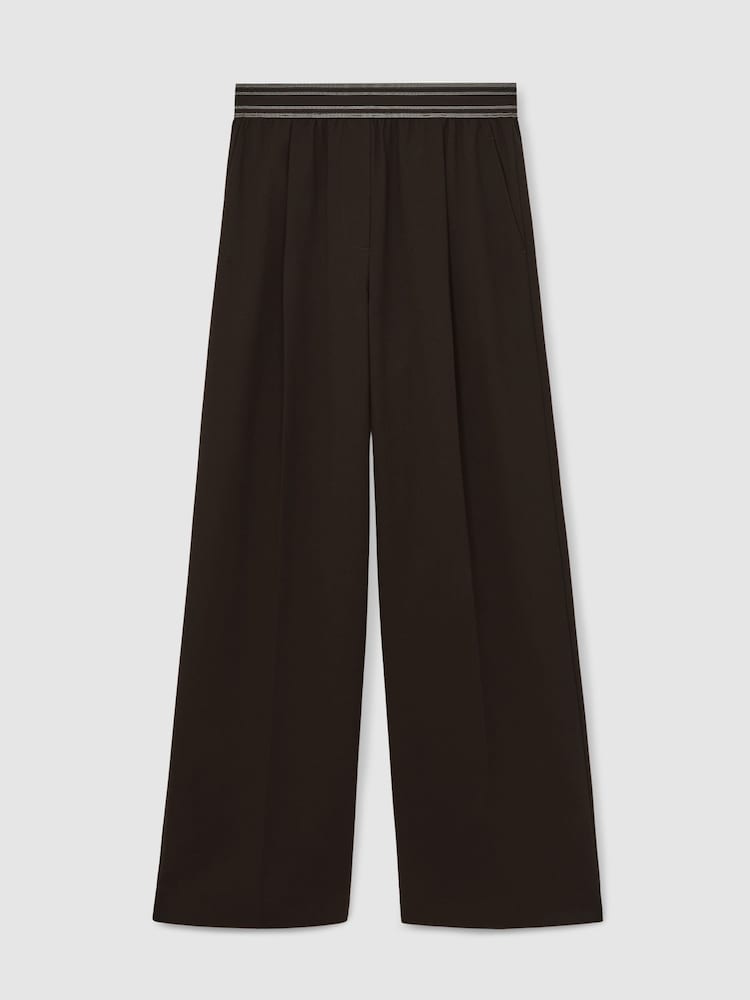 Reiss Chocolate Brown Camelia Petite Wide-Leg Contrast-Waistband Trousers - Image 2 of 7