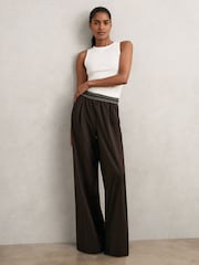 Reiss Chocolate Brown Camelia Petite Wide-Leg Contrast-Waistband Trousers - Image 3 of 7
