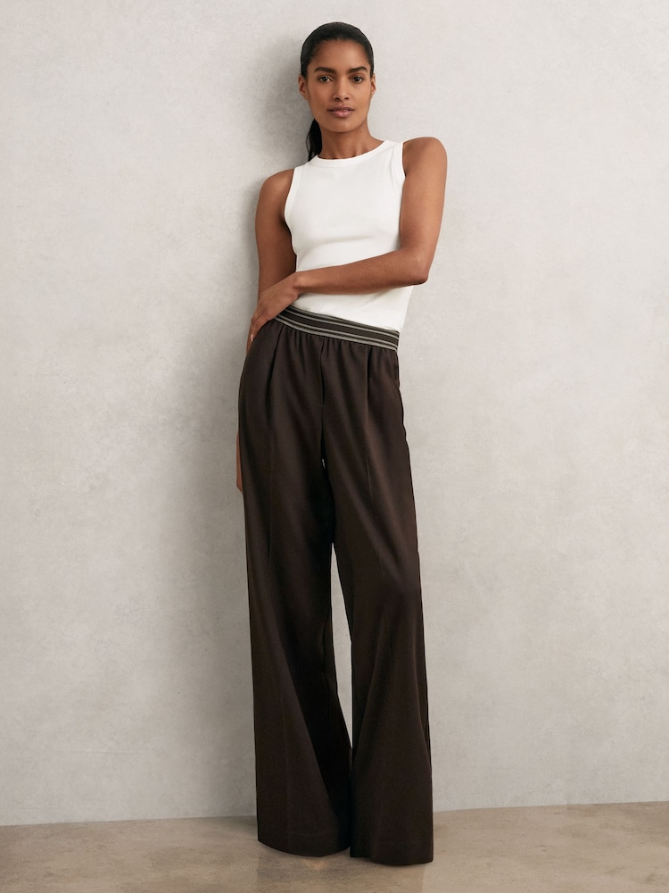 Reiss Chocolate Brown Camelia Wide-Leg Contrast-Waistband Trousers - Image 1 of 6