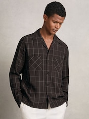 Reiss Dark Brown Simone Windowpane-Check Cuban-Collar Shirt - Image 1 of 6