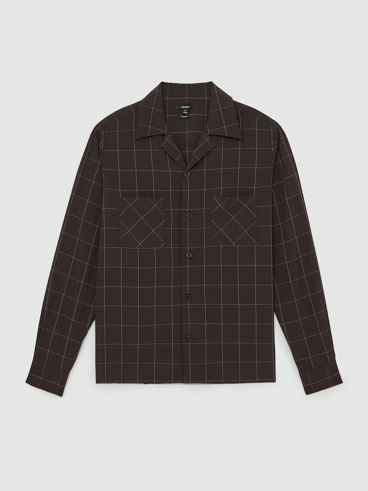 Reiss Dark Brown Simone Windowpane-Check Cuban-Collar Shirt - Image 2 of 6 Reiss Dark Brown Simone Windowpane-Check Cuban-Collar Shirt - Image 2 of 6