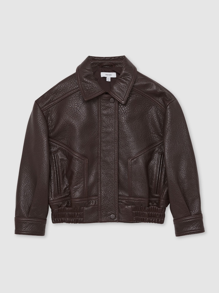 Reiss Burgundy Kiara Oversize Leather Bomber Jacket - Image 1 of 5
