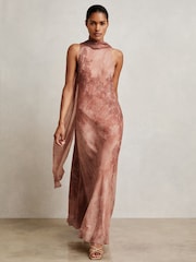 Reiss Pale Pink Lacey Chiffon Floral Cape Maxi Dress - Image 1 of 6