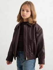 Reiss Burgundy Kiara Oversize Leather Bomber Jacket - Image 1 of 5