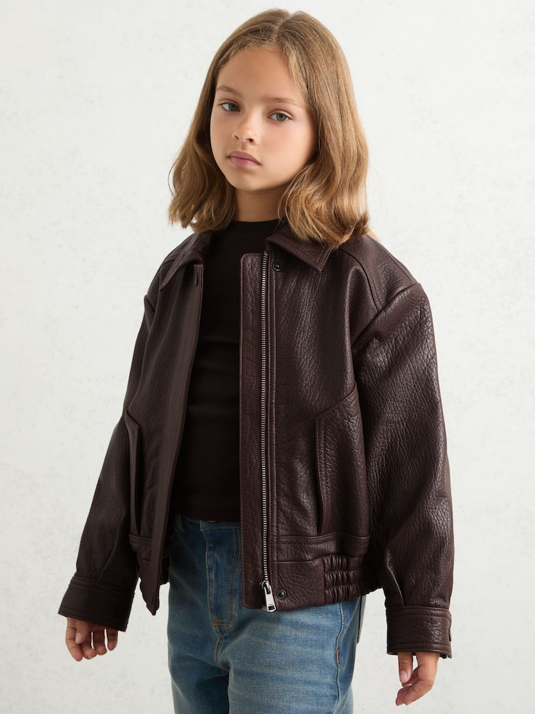 Reiss Burgundy Kiara Oversize Leather Bomber Jacket - Image 1 of 5