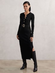 Reiss Black Willow Buttoned Rib-Knit Midi Dress - Image 1 of 7