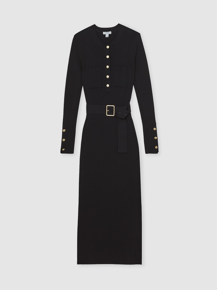 Reiss Black Willow Buttoned Rib-Knit Midi Dress - Image 2 of 7 Reiss Black Willow Buttoned Rib-Knit Midi Dress - Image 2 of 7