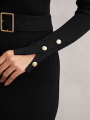 Reiss Black Willow Buttoned Rib-Knit Midi Dress - Image 4 of 7