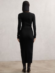 Reiss Black Willow Buttoned Rib-Knit Midi Dress - Image 6 of 7
