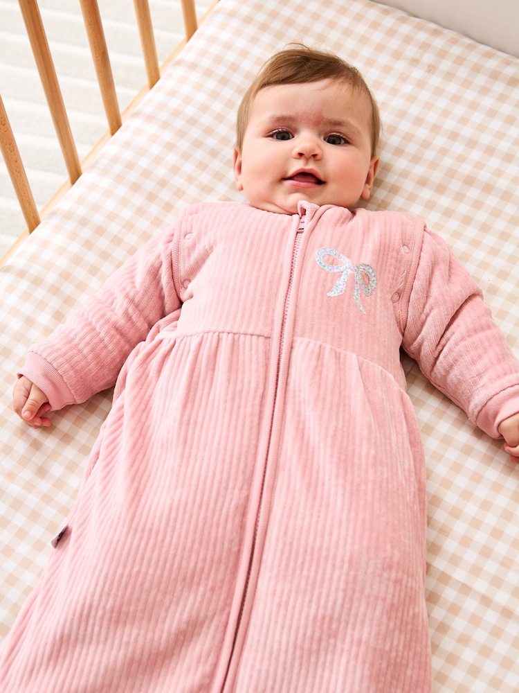 JoJo Maman Bébé Pink Ribbed Velour 3.5 Tog Baby Sleeping Bag - Image 1 of 7 JoJo Maman Bébé Pink Ribbed Velour 3.5 Tog Baby Sleeping Bag - Image 1 of 7
