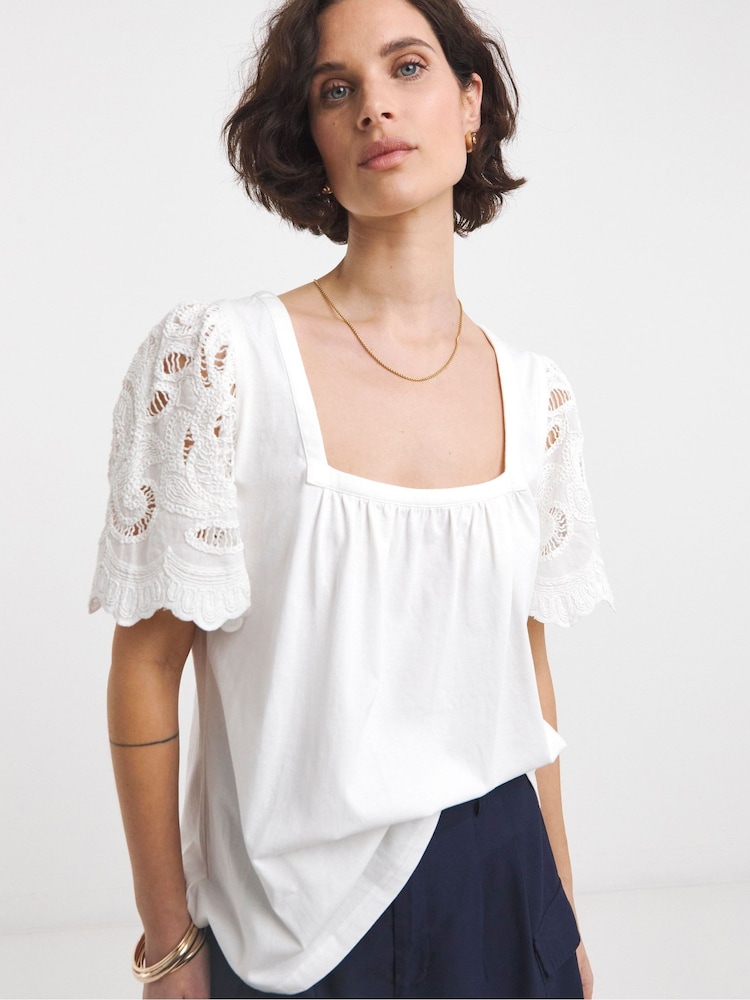 JD Williams White Square Neck Lace Sleeve 100% Cotton Top - Image 1 of 4 JD Williams White Square Neck Lace Sleeve 100% Cotton Top - Image 1 of 4