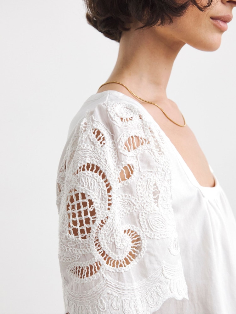 JD Williams White Square Neck Lace Sleeve 100% Cotton Top - Image 4 of 4 JD Williams White Square Neck Lace Sleeve 100% Cotton Top - Image 4 of 4