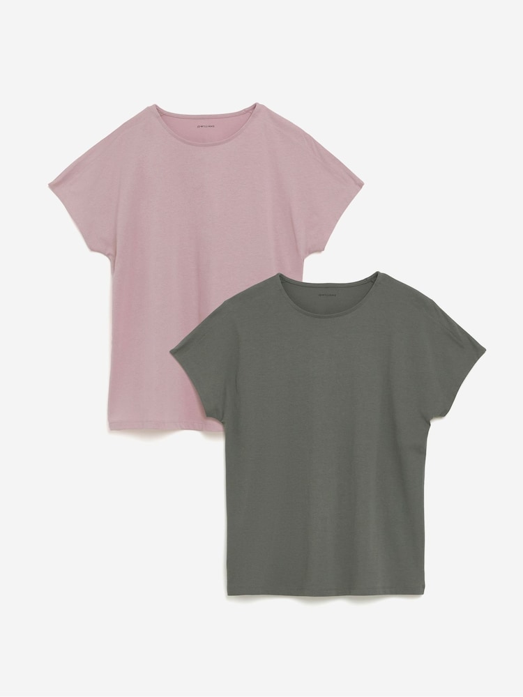 JD Williams Pink Crew Neck Split Sleeve 100% Cotton T-Shirts 2 Pack - Image 1 of 5