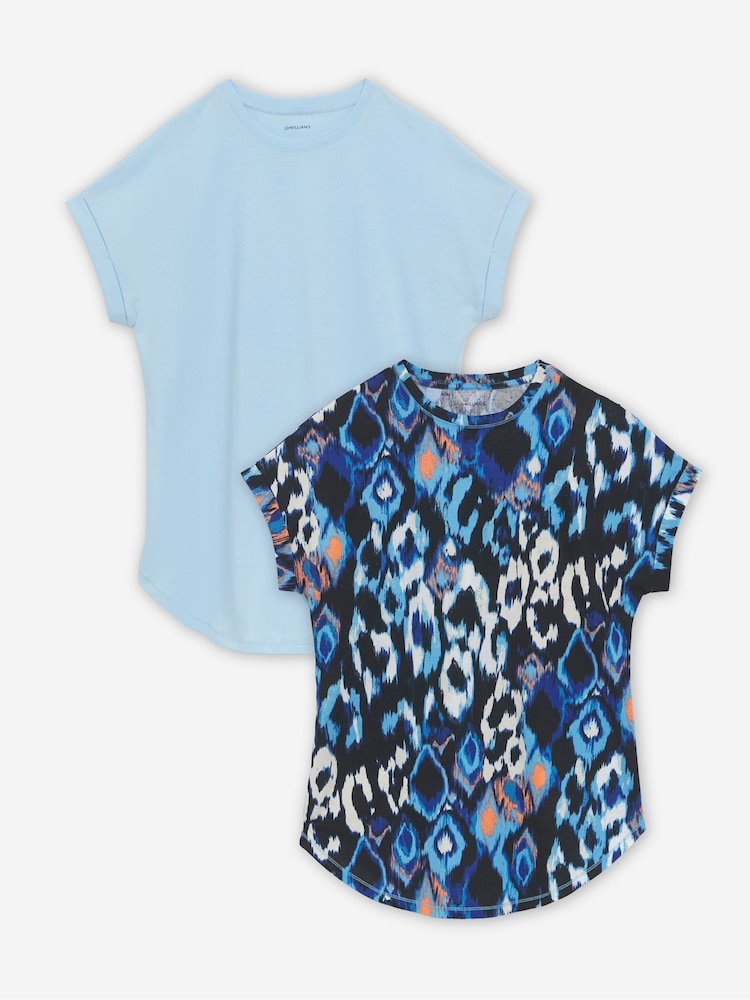 JD Williams Blue Short Sleeve Curved Hem Longline 100% Cotton Tops 2 Pack - Image 1 of 4