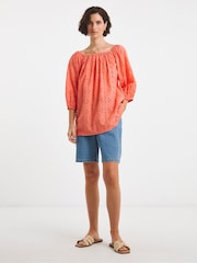 JD Williams Orange Broderie Elasticated Neckline 100% Cotton Top - Image 1 of 4