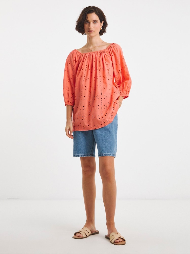 JD Williams Orange Broderie Elasticated Neckline 100% Cotton Top - Image 1 of 4