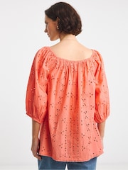 JD Williams Orange Broderie Elasticated Neckline 100% Cotton Top - Image 2 of 4