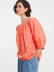 JD Williams Orange Broderie Elasticated Neckline 100% Cotton Top - Image 3 of 4