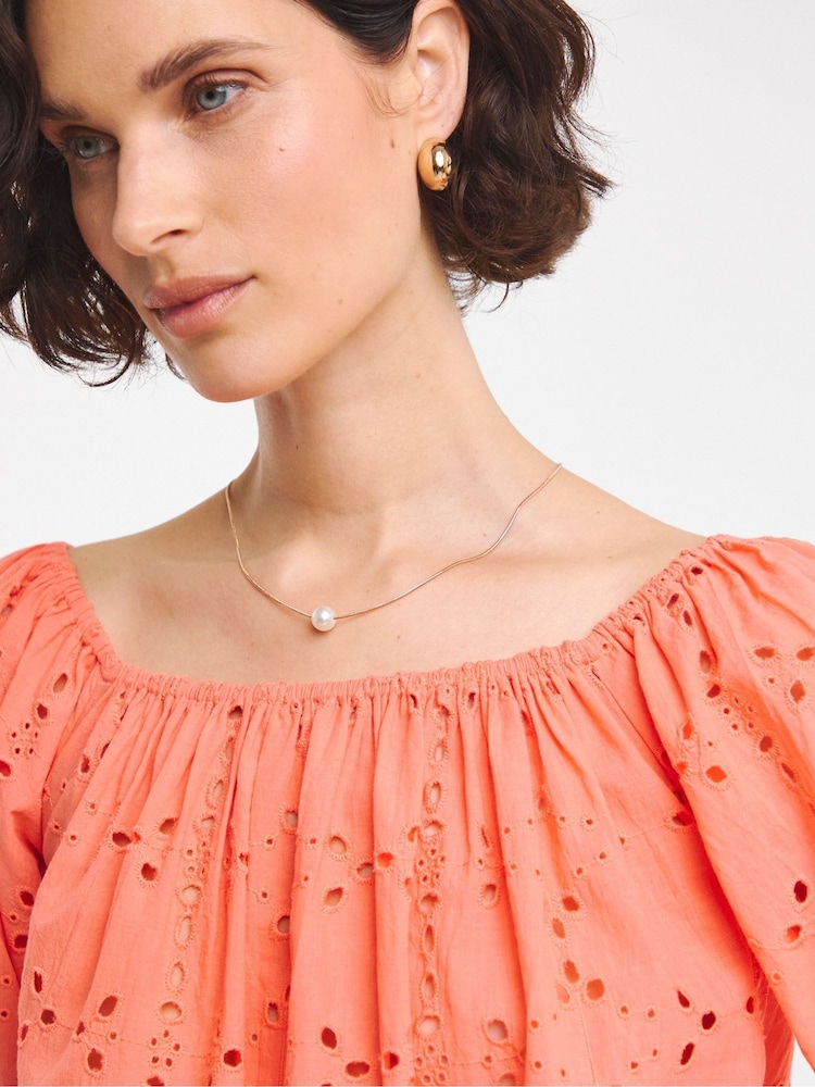 JD Williams Orange Broderie Elasticated Neckline 100% Cotton Top - Image 4 of 4