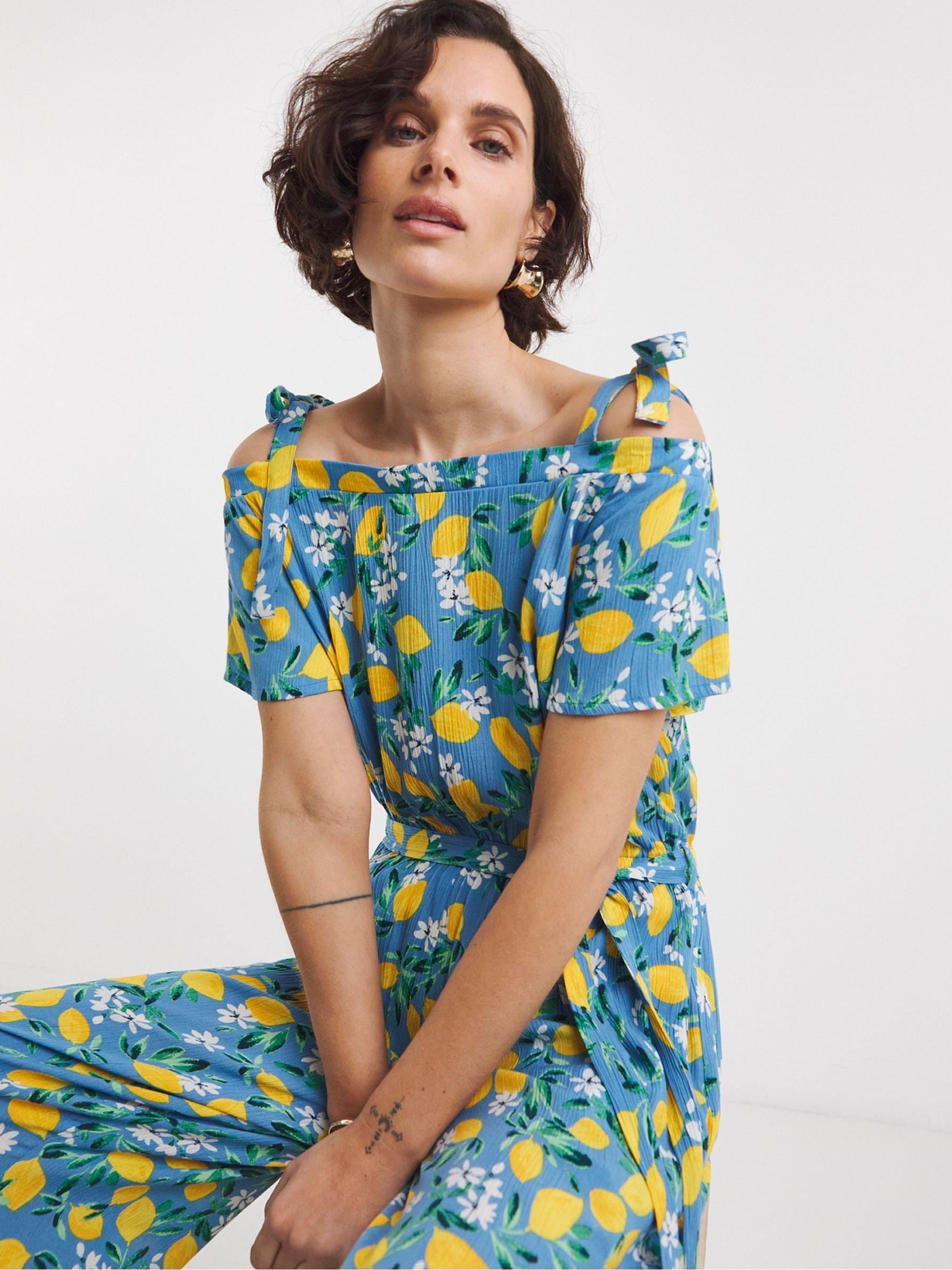 Buy JD Williams Blue Lemon Print Crinkle Tie Strap Jumpsuit from