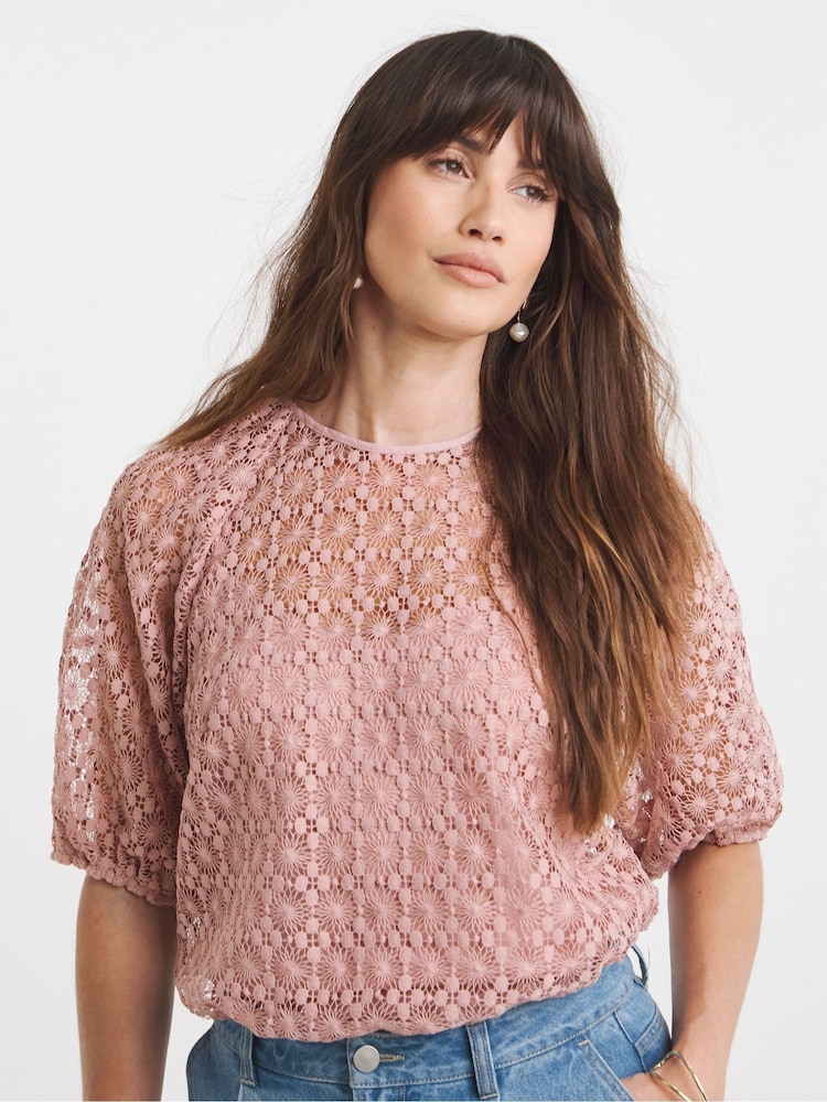 JD Williams Pink Bubble Sleeve Lace Top - Image 1 of 4