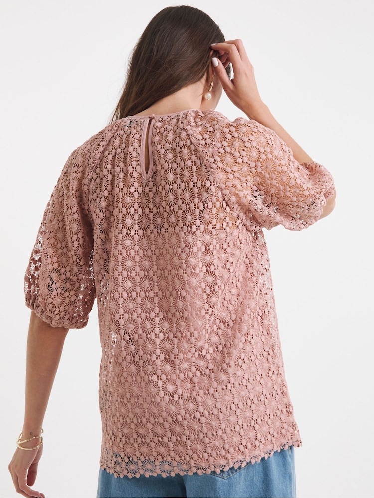 JD Williams Pink Bubble Sleeve Lace Top - Image 2 of 4
