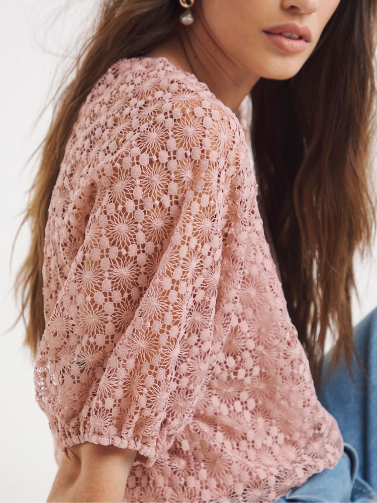JD Williams Pink Bubble Sleeve Lace Top - Image 4 of 4