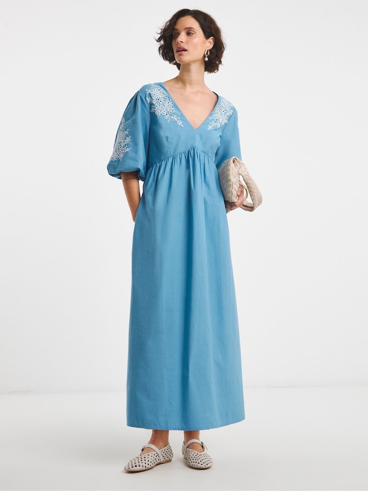 JD Williams Blue Embroidered Puff Sleeve 100% Cotton Dress - Image 1 of 4