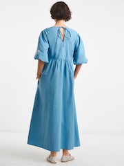 JD Williams Blue Embroidered Puff Sleeve 100% Cotton Dress - Image 2 of 4
