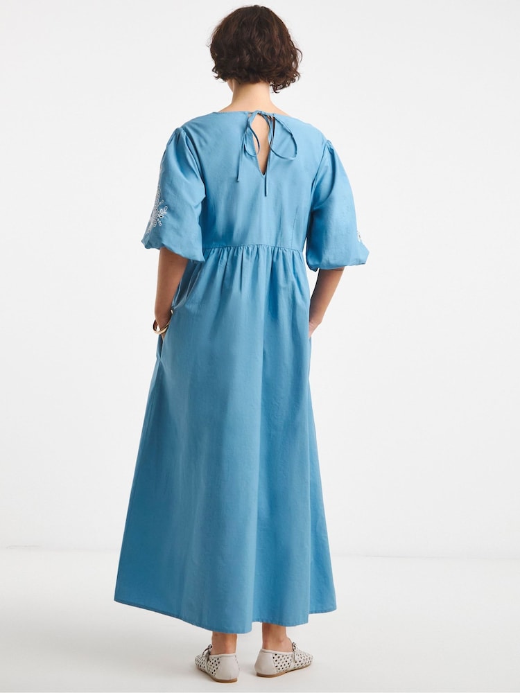 JD Williams Blue Embroidered Puff Sleeve 100% Cotton Dress - Image 2 of 4