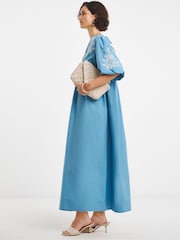 JD Williams Blue Embroidered Puff Sleeve 100% Cotton Dress - Image 3 of 4
