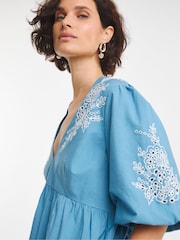 JD Williams Blue Embroidered Puff Sleeve 100% Cotton Dress - Image 4 of 4