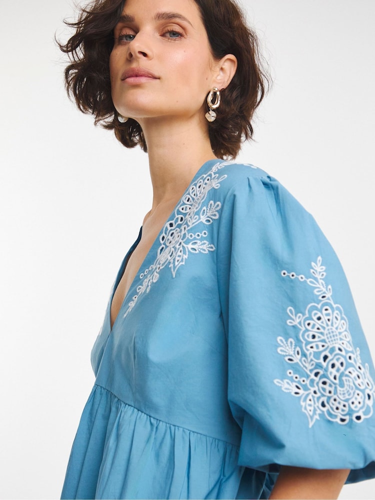 JD Williams Blue Embroidered Puff Sleeve 100% Cotton Dress - Image 4 of 4