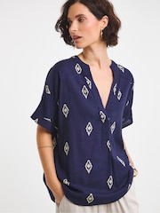 JD Williams Blue Linen Popover Top - Image 1 of 4