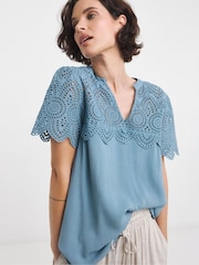 JD Williams Blue Crinkle Broderie Trim Top - Image 1 of 4