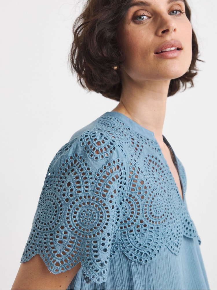 JD Williams Blue Crinkle Broderie Trim Top - Image 4 of 4
