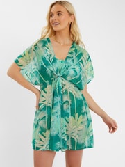 Accessorize Green Palm Print Chiffon Mini Kaftan - Image 1 of 4