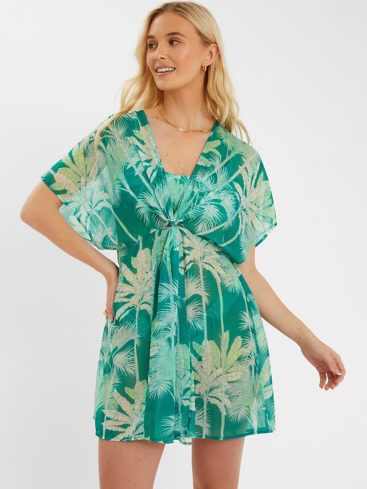 Accessorize Green Palm Print Chiffon Mini Kaftan - Image 1 of 4