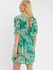 Accessorize Green Palm Print Chiffon Mini Kaftan - Image 2 of 4