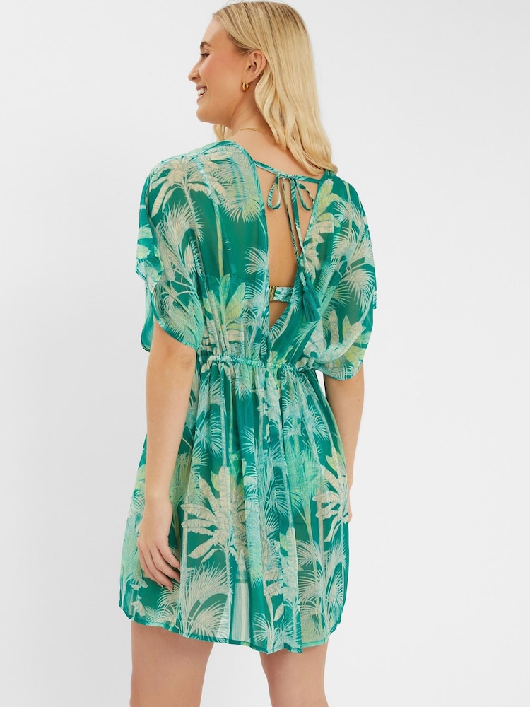 Accessorize Green Palm Print Chiffon Mini Kaftan - Image 2 of 4