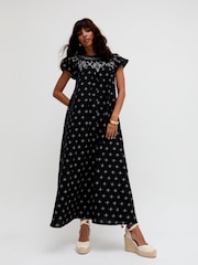 Raffya Black 100% Cotton Willow Embroidered Shirring Jacquard Maxi Dress - Image 1 of 5