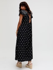 Raffya Black 100% Cotton Willow Embroidered Shirring Jacquard Maxi Dress - Image 2 of 5