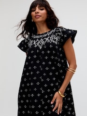 Raffya Black 100% Cotton Willow Embroidered Shirring Jacquard Maxi Dress - Image 3 of 5