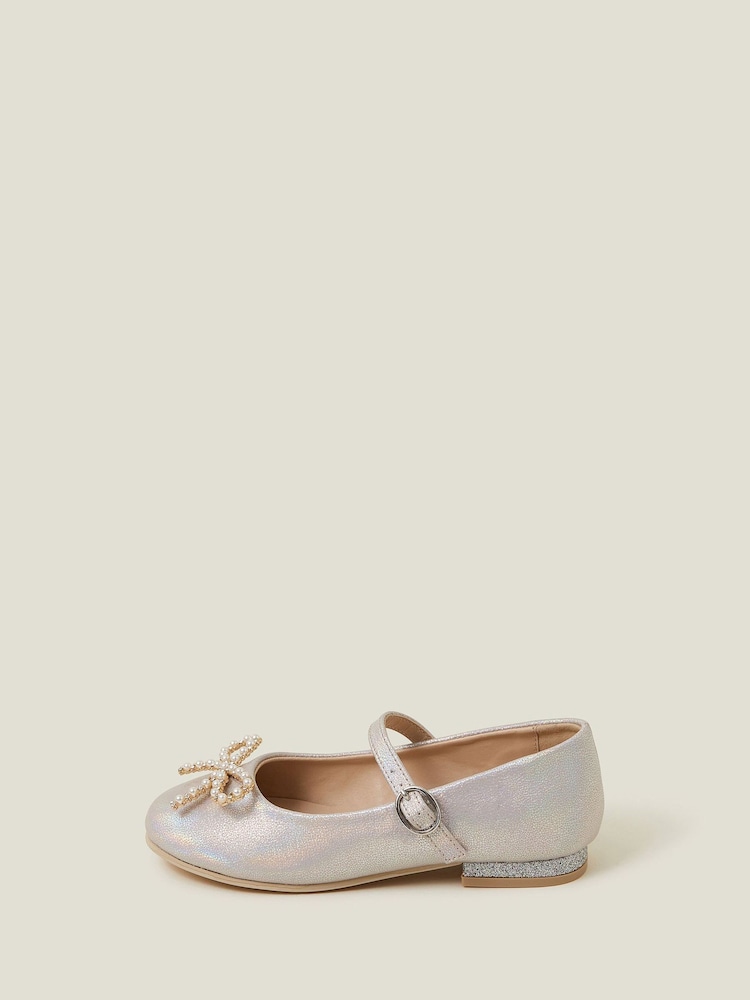 Angels By Accessorize Grey Girls Pearl Bow Ballerinas Flats - Image 2 of 3
