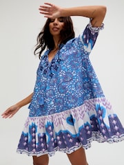 Raffya Blue Isabella Baby Doll Embroidered Mini Dress - Image 5 of 5