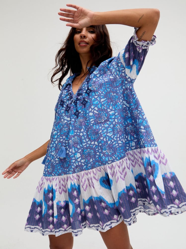 Raffya Blue Isabella Baby Doll Embroidered Mini Dress - Image 5 of 5