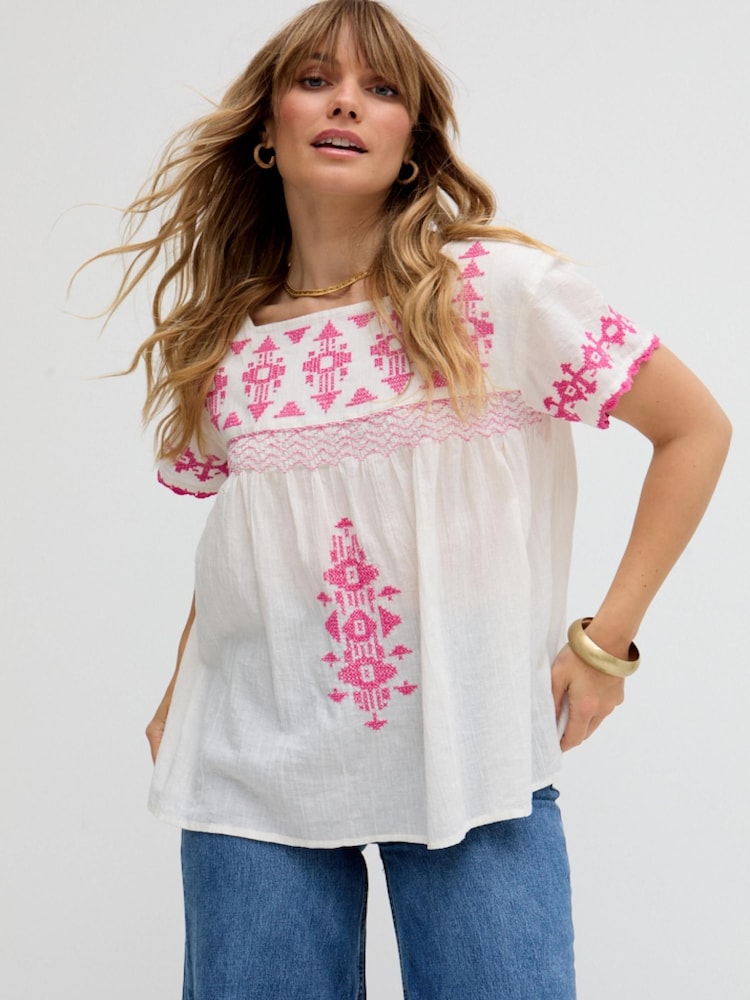Raffya OffWhite Alice V-Neck Embroidered Blouse - Image 1 of 5