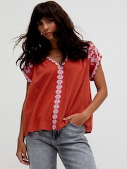 Raffya Red Alice V-Neck Embroidered Blouse - Image 1 of 5